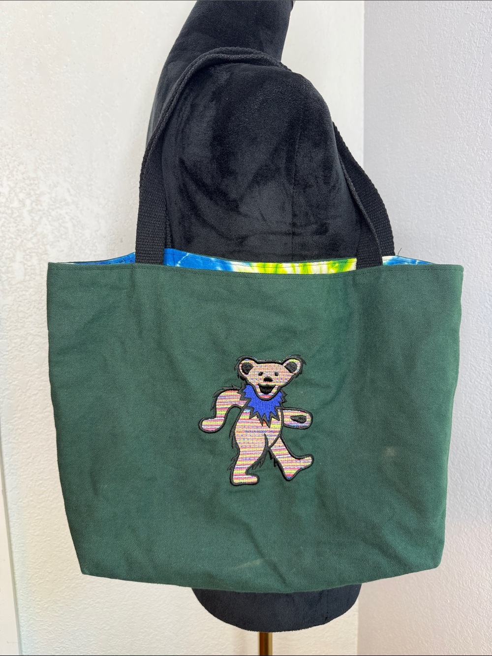Grateful Dead Dancing Bear Canvas Tote Bag Green Tie Dye Lined Deadhead Hippie